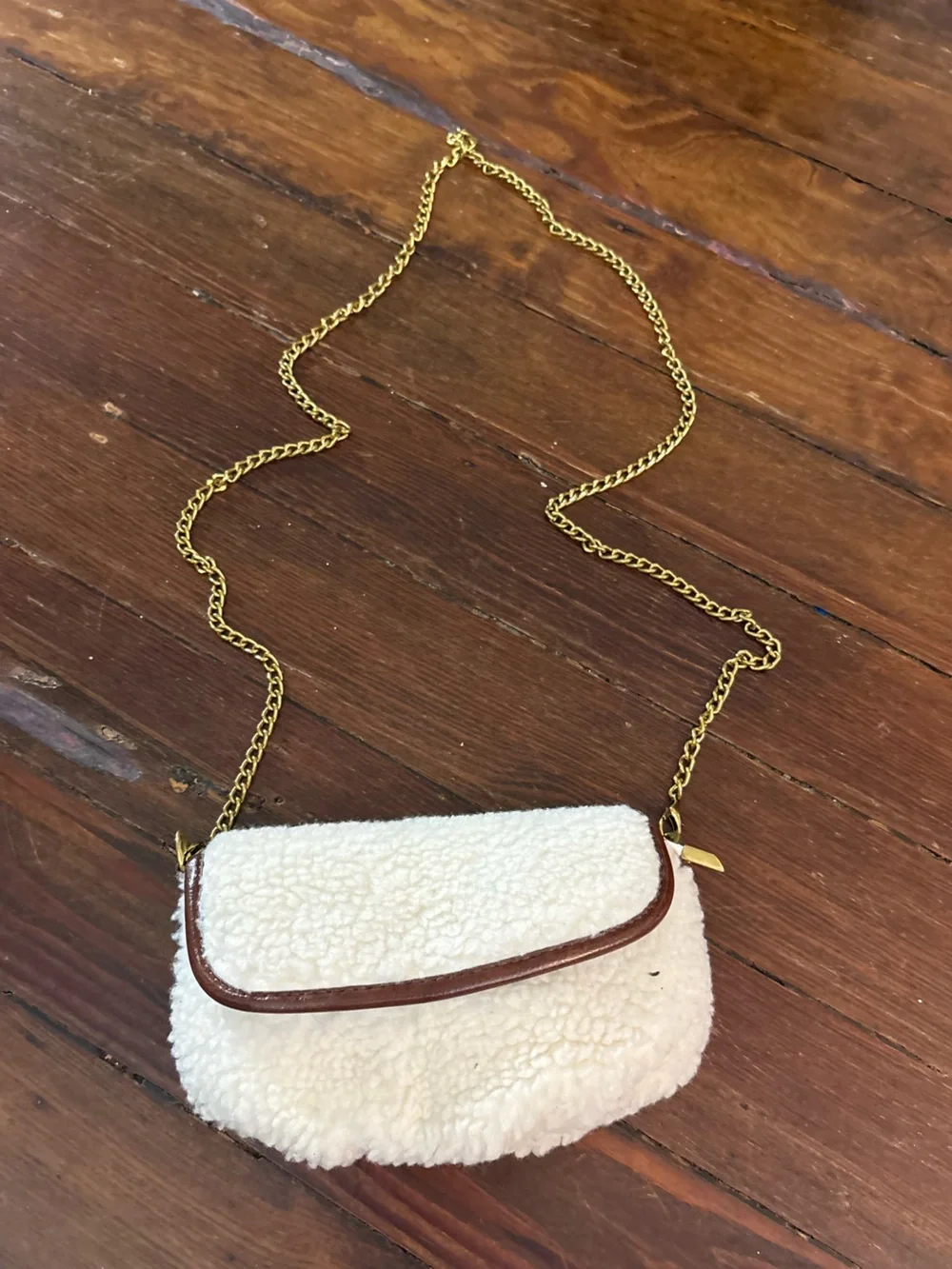Anthropologie cream brown shearling mini crossbody bag purse handbag